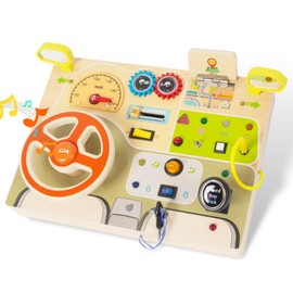 WOODENFUN Montessori Busy Board for Toddlers Baby Busy Board Car Steering Wheel Wooden Sensory Board Travel Toys for Fine Motor Skill Gift for 1 2 3+ Years Old Boys Girls Christmas Birthday Parents