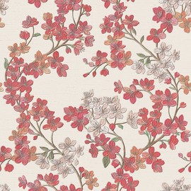 CONCORD WALLCOVERINGS ™ Textured Wallpaper Floral Featuring Cherry Blossom, Gray Red Green, 21 in x 33 Ft (56 sq. ft), GR322203