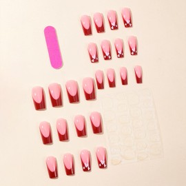 Vopintpy Long Square Press on Nails, 24 Pcs Acrylic Fake Nails with Glue for Women, Romantic Love Heart Red French Tip Manicure