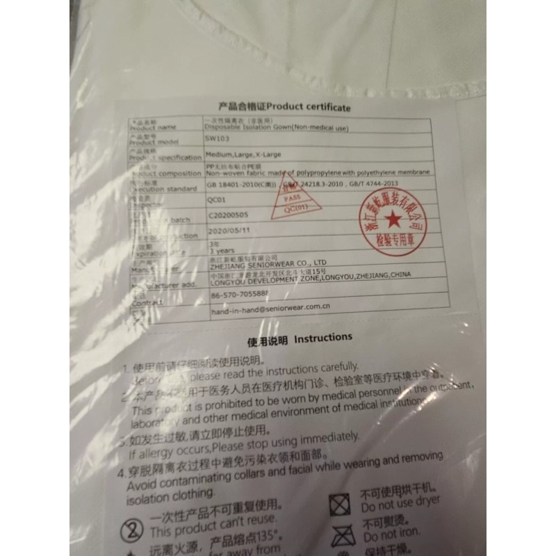 Unbranded White Disposable Isolation Gowns Large Size Dental Tattoo Medical