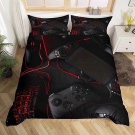 Game Gamepad Comforter Cover Modern Video Game Controller Bedding Set for Boys Teens Children Gaming Gamer Console Bedding Duvet Cover Set Black Red Single Size Bedding & Linen 2Pcs