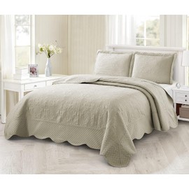 BOREA home collection 3-Piece Queen Ultrasonic Bedspread Set Coverlet Set Cream Quilt Queen Lightweight Quilt Set Embossed Farmhouse Bedding Set Solid Color Coverlet Bedspread (Beige)