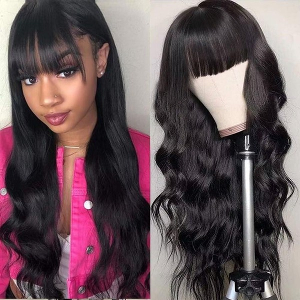 16 Inch Body Wave Human Hair Wigs with Bangs for Black Women, Body Wave Real Hair Wig with One 150% Density for Women, 100% Brazilian Real Hair Wig Women (40 cm)