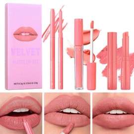 3pcs Matte Liquid Lipstick Lip Liner Set,All-In-One Lip Kit,Nude Lip Gloss/Lipstick/Lip Liner Makeup Set,Long Lasting Lip Kit Set,Waterproof Lip Liner and Gloss Set,Lipstick and Lip Liner Set(#02)