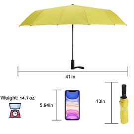 GAOYAING 46 Inch Large Automatic Travel Umbrella, 12 Ribs Windproof Design, Heavy Duty Strong 210T Pongee Fabric Folding Umbrella with Sleeve, UV Protection, Yellow