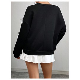 Verdusa Women's 3D Bow Sweatshirt Round Neck Long Sleeve Pullover Tops Black X-Large