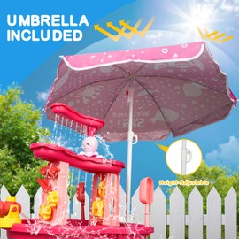 AuntyFey Water Table for Toddlers 1-3-5, Kids Water Table with Umbrella, Kids Toddler Sand Table for Outside Kids Ages 4-8, Pink