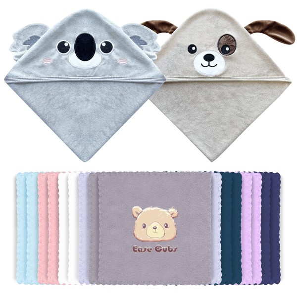 Ease Cubs 18-Piece Baby Hooded Bath Towel Rayon Derived from Bamboo and Microfiber Washcloth Sets for Infant, Toddler - Koala, Dog