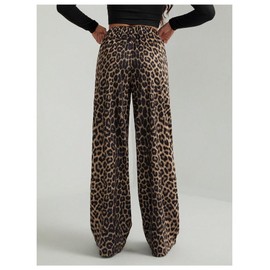 RoseSeek Women's Leopard Print Wide Leg Pants Patched Elastic Waist Casual Loose Trousers Brown Tall-L