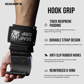 BEAR GRIP Weight Lifting Hooks, Non-Slip Rubberised Grips (Black)