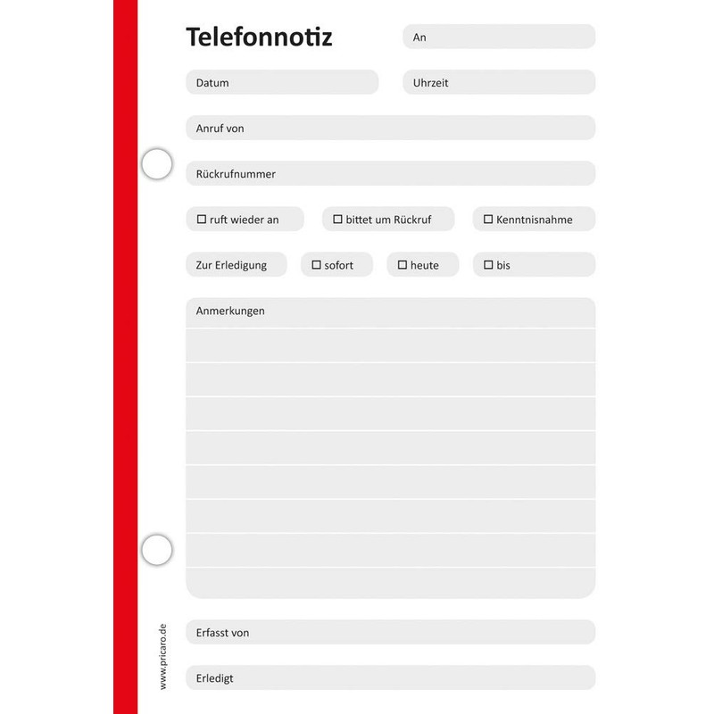 PRICARO 5 x A6 Punched Telephone Notepad Red