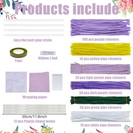 ORIGACH 200 Pcs Cosmos Iris Calla Lily Pipe Cleaner Flower Kit Chenille Stems Pipe Cleaners Craft Supplies for Flower Bouquet Making with Instruction Video Tutorial