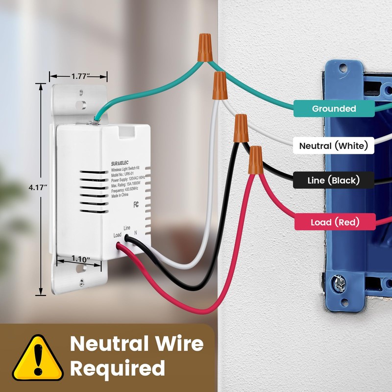 Suraielec 3 Way Wireless Light Switch, Neutral Wire Required, Grounding,