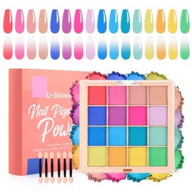U-Shinein Nail Pigment Powder Palette Set, 16 Colors Ombre Nail Powder Palette French Aura Nails Ombre Nail Brush Nail Long-lasting Manicure Art DIY Accessories (B)