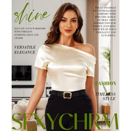 SEXYCHRM Silk Satin Tops for Women - Off The Shoulder Blouse Dressy Casual Short Sleeve Ruched Elegant Tunic Shirts Beige Medium