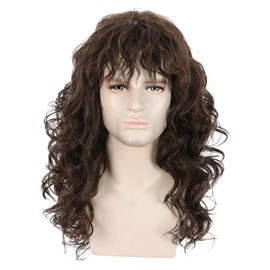 Karlery Men Long Brown Wave Wig with Bandana 80s Heavy Metal Punk Rocker Costume Wig Eddie Wig Cosplay Party Wig