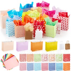 Dunzoom 208 Pcs Assorted Gift Bags 5 Sizes Set Including 48 Gift Bags Assorted Sizes Bulk (Mini 4.7", Small 6", Medium 9", Large 12.6", Extra Large 13") and 160 Tissue Paper for Birthday Baby Showers