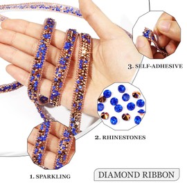 YHMQDU Rhinestone Ribbon 3 Yards Self Adhesive Rhinestone Strips Diamond Ribbon Sticker Crystal Roll Glitter Bling Rhinestones Tape for Crafting DIY Art Decoration (Blue Ribbon,0.4 Inch)