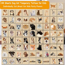 CHARLENT 148 Pieces Temporary Dog Cat Tattoos for Kids - 3D Tattoos with Custom Puppy/Kitten for Boys and Girls, Animals, Birthday Party Gifts and Goodie Bag Fillers