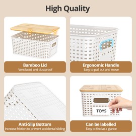 ZFTMRR Plastic Storage Baskets with Bamboo Lids, Stackable Storage Bins for Organizing Shelves Drawers Desktop Closet Playroom Classroom Office Home, Storage Containers 6 Pack 10.2x7.2x4.1 Inch, White