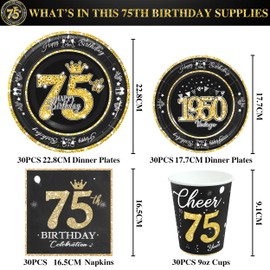 algpty 75th Birthday Decorations Plates and Napkins Black and Gold, Service for 30, Vintage 1950 Birthday Party Bundle Includes Black Gold Plates, Napkins, Cups 75th Birthday Supplies for Men Women