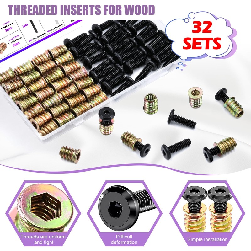 32 Sets Furniture Screw Nut 1/4-20 x 3/4" Threaded Inserts