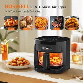 BOSWELL Glass Air Fryer, 4.5QT Transparent Fry Bowl, Circulating Heating, Non Toxic, Large Capacity Air Fryer Roast, Temperature Control Dishwasher Safe (Black)