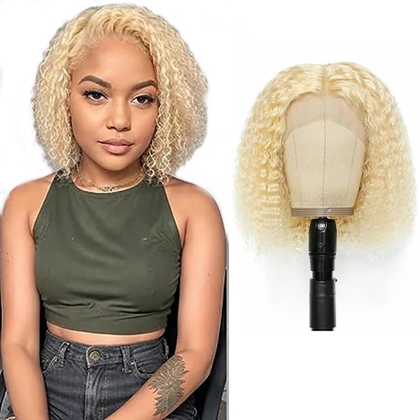 Curly Wig Bob Wig Real Hair Wig Blonde 4x4 Lace Wig Human Hair 150% Density Pre Plucked Free Part Wig Hair Brazilian Remy Hair Real Unprocessed Virgin Human Hair Blonde for Women 8 Inches