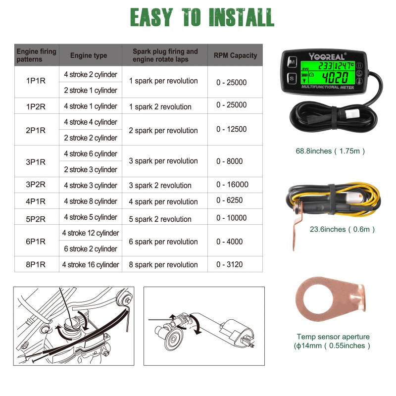 YOOREAL Digital Engine Temperature RPM Gauge Tachometer Hour Meter of
