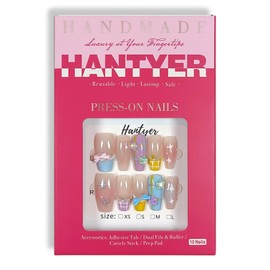 Hantyer Press on Nails, Long Coffin Fake Nails with Checkered Pattern, Star & Bow Accents, Dopamine Color French Tips, Reusable Nails Cute Summer Style for Women(Size L)