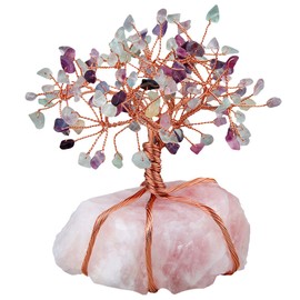 mookaitedecor Multicolor Fluorite Crystal Tree with Rose Quartz as Base and Wrapped with Copper Wire, Beautiful Symbol of Wealth and Happiness, Family Office Decoration