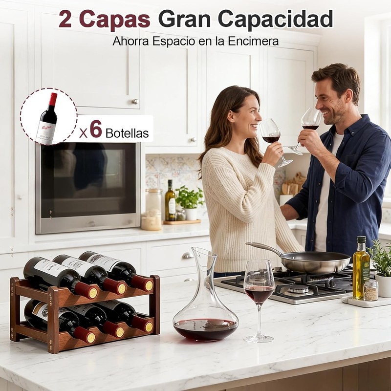 Porta Vinos de Madera 2 Niveles, Estante para Botellas