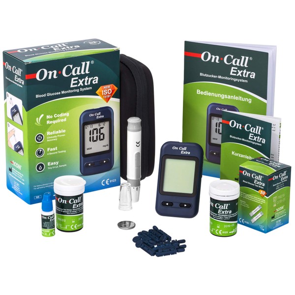 On Call Extra Blood Glucose Meter Starter Kit (incl. 10 Test Strips, 10 Lancets, 1 Lancet Device, 1 Control Solution) (MMOL/L)