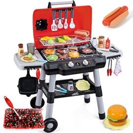 Juguetes de cocina para niños, juego de parrilla de barbacoa para niños con humo, sonido y luz, juguete de barbacoa de 2 niveles con rueda, juguetes de parrilla de juego al aire libre para niños