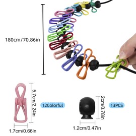 Travel Washing Line,12 Colorful Clips with Portable Camping Washing Line, Adjustable Elastic Retractable Clothes Line, For Indoor Laundry Drying line,Outdoor Camping Accessories