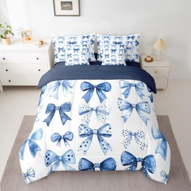 Erosebridal Kids Blue Bow Comforter Set with Sheets Twin Size Princess Bow Tie Girls Bed in A Bag Ultra Soft Butterfly Knot 7 Pieces Bed Set Bedroom Decor Fairy Tale Theme Girlish Room Decor