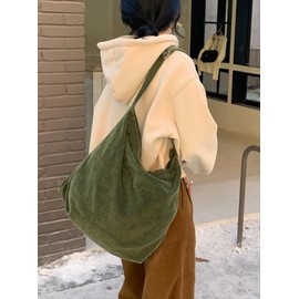 ALUWU Corduroy Tote Bag for Women with Zipper and Adjustable Strap Casual Corduroy Crossbody Purse for Work, Apricot