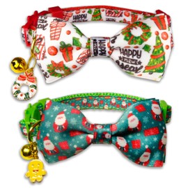 2 Pack Christmas Cat Bow Tie Collars with Bell – Adjustable Holiday Collars with Wreath & Santa Charms, Festive Patterns for Cats and Kittens