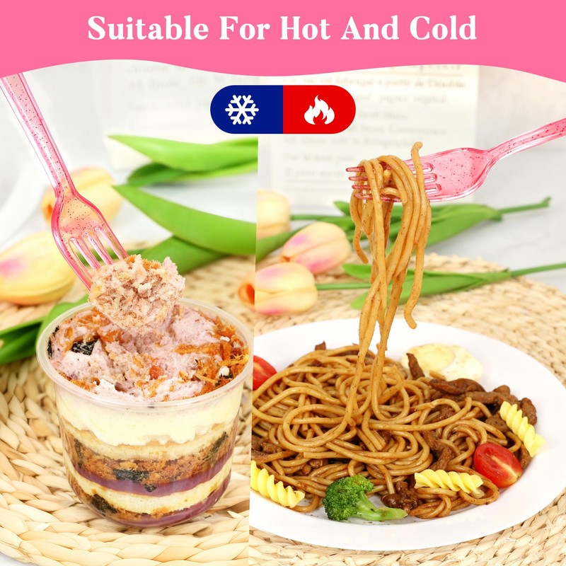 100 Pcs Pink Glitter Plastic Forks, Disposable Heavy Duty Pink