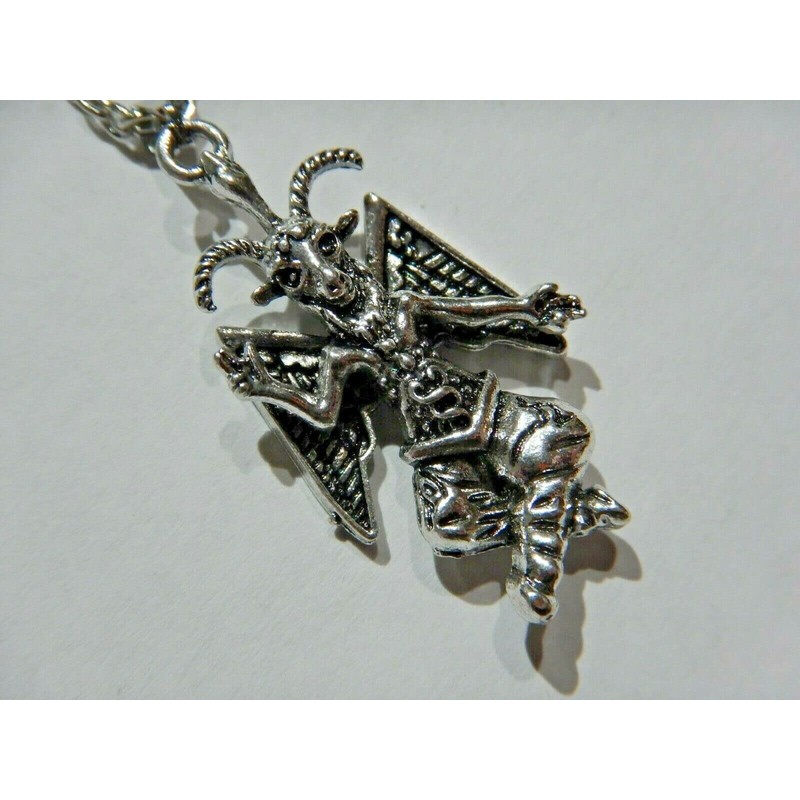 BAPHOMET NECKLACE little unisex silvertone figural charm on stainless steel