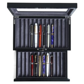 Besforu Wood Pen Display case 24 Slot Fountain Pen Box Storage Organizer with Drawer, Top Glass Window Pen Collection Display Case