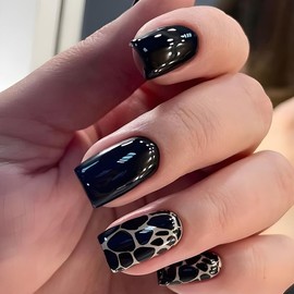 Medium Square Press on Nails Black Leopard Fake Nails with Cow Print False Nails Designs Glossy Reusable Artificial Acrylic Nails Full Cover Glue on Nails for Women 24pcs