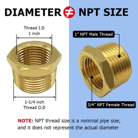 Hooshing 3PCS Brass Reducing Hex Bushing 1" NPT Male x 3/4" NPT Female Thread Reducer Pipe Fitting Adapter