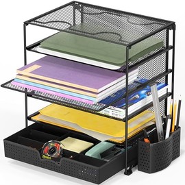 Simple Houseware Bandeja de archivos de documentos de 5 niveles con cajón deslizante y cubo para bolígrafos, color negro