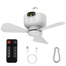 Camping Fan 8000mAh Battery Operated, Tent Ceiling Fan with Remote & Timer, 4 Speeds, Carabiner, LED Hanging Camping Fan for Camping Bed RV Tent Canopy Room