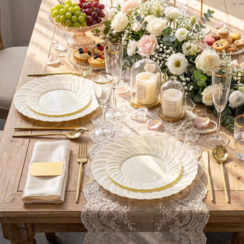 U-QE 60PCS Ivory Plastic Plates for Party – Scalloped Disposable