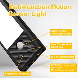 Under Cabinet Lighting 65 LED, 3 Color Temps Rechargeable Closet Lights, Brightness Adjustable Motion Sensor Light Indoor, Wireless Under Counter Light for Kitchen, Pantry, Hallway, Bathroom, 2 Packs