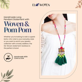 Handmade Bohemian Beaded Tassel Necklaces with Woven and Pompom (Green)