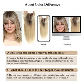HAIRCUBE Human Hair Toppers For Women, 100% Remy Topper With Bangs, 150% Density Silk Base Clip In Topper 14 inch 40g - Ombre Light Blonde