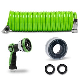 Morvat's Coil Garden Hose, Flexible Water Hose, Spiral Hose, Water Coil, 25 feet Expandable Garden Hose, Nickel Plated Brass Ends, On/off Valve, Includes 10 Way Garden Hose Sprayer and 2 Extra Washers
